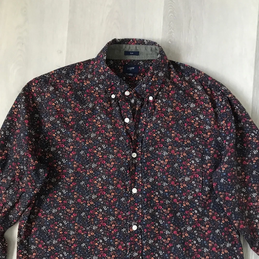 J CREW MENS SHIRT FLORAL BLACK RED BUTTON DOEN LONG SLEEVE LARGE